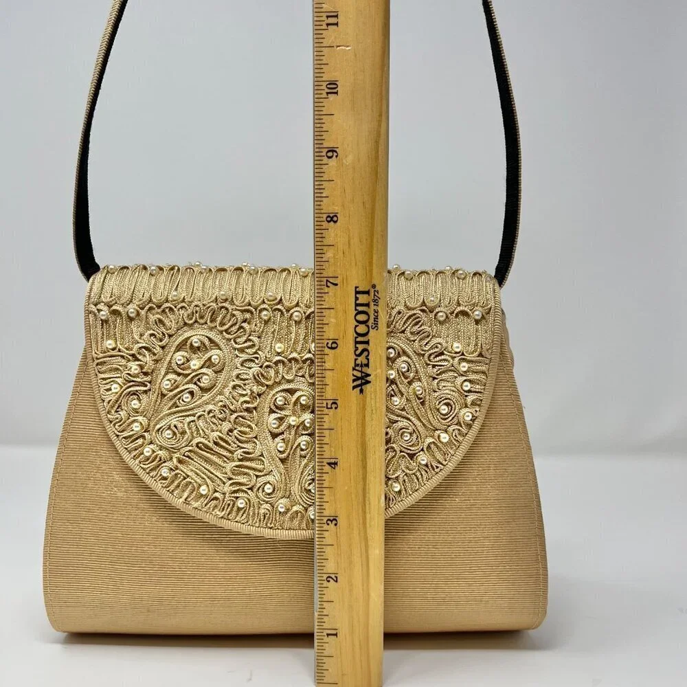 Timmy Woods Beverly Hills Purse Gold Textured w/High Relief Pearl Embroidery